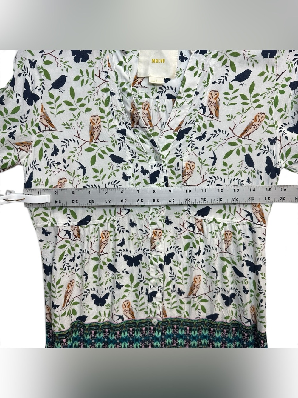Maeve Anthropologie Owl Bird Butterfly Print Button Front Blouse Tunic Size 0 - Picture 4 of 10